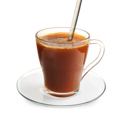 Tasty coffee and spoon in cup isolated on white