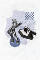 Exclusive magazine picture sketch collage image of happy girl guy pose retro instant camera cadre...