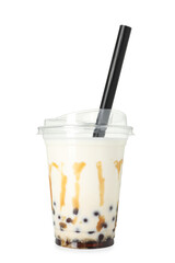 Tasty milk bubble tea in plastic cup isolated on white