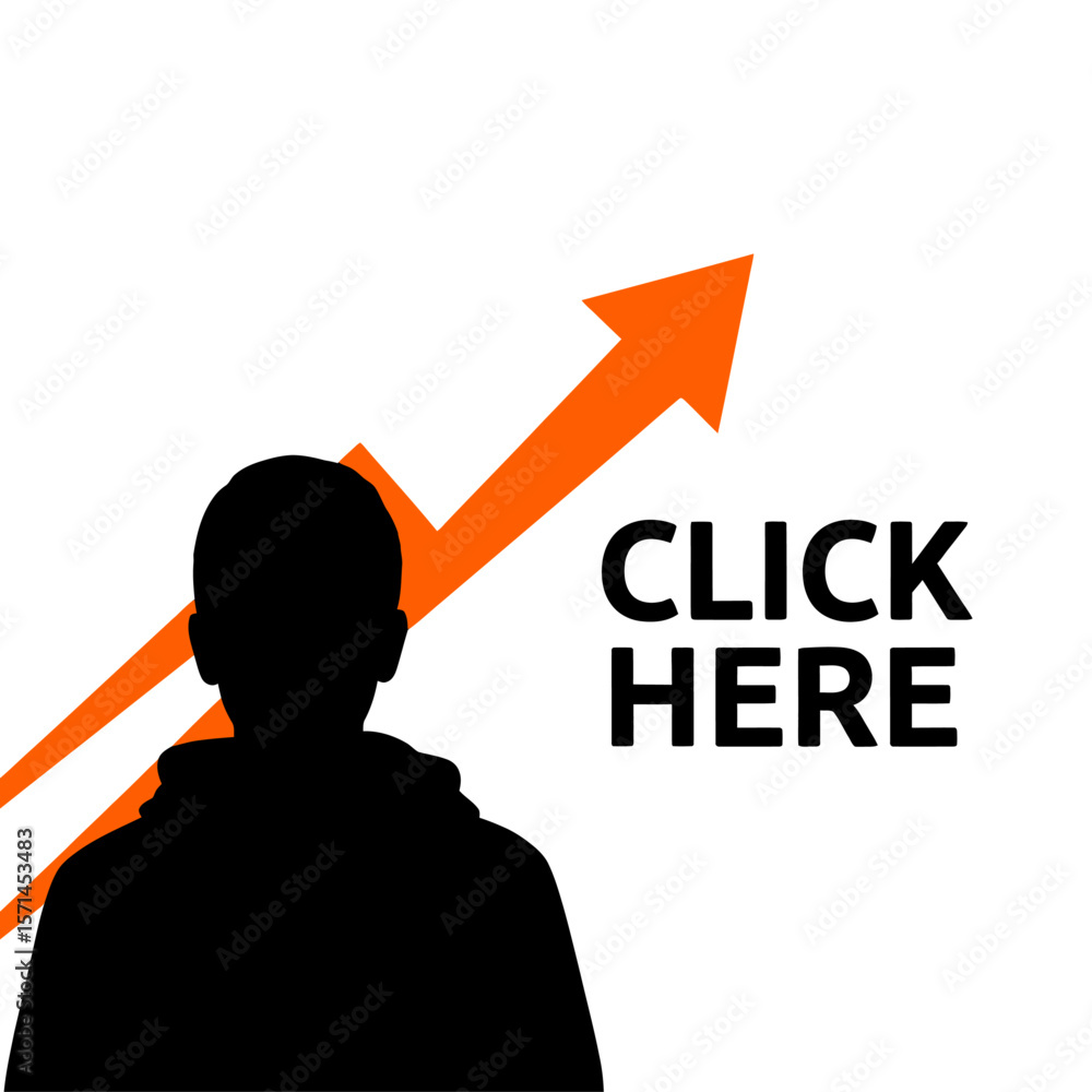 Poster an orange arrow pointing up with click here text on white background