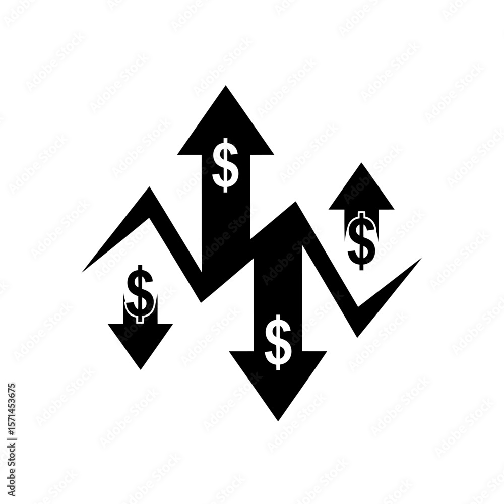 Poster arrows with dollar signs pointing up and down isolated on white background