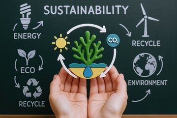 Algae play a key role in sustainable biofuel production. Hands hold a plant symbolizing sustainability with eco-friendly icons like energy, recycle, and environment on a chalkboard background.