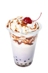 Tasty milk bubble tea in plastic cup isolated on white