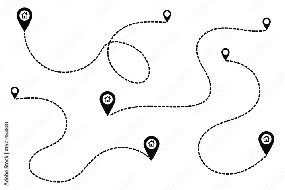 Poster route optimization line icon, route icon between two points with dotted path and location pin. route