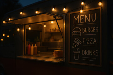 Food truck offering burgers, pizza and drinks at night