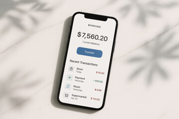 Smartphone showing banking app with high balance and recent transactions