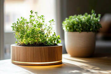 Eco friendly beautiful home decor with modern wooden planter and fresh green plants on sunlight table interior, generative ai