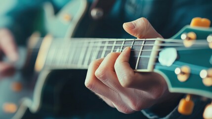 Close up of a guitarist's hand playing an electric guitar, showcasing intricate finger movements on the fretboard
