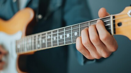 Close up of guitarist's hands expertly navigating the fretboard of his electric guitar, showcasing intricate finger movements
