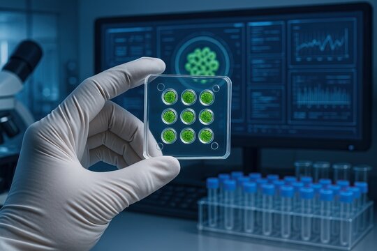 Algae play a key role in sustainable biofuel production. A gloved hand holds a petri dish with green cell cultures in a laboratory setting, with test tubes and data screens in the background. - Powered by Adobe