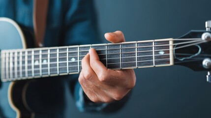 Fototapeta premium Close up of guitarist's hands expertly navigating the fretboard, showcasing intricate finger movements, ideal for music themed projects