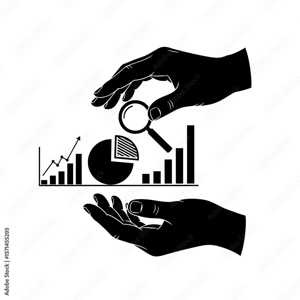 Poster hands analyzing data charts and graphs with a magnifying glass