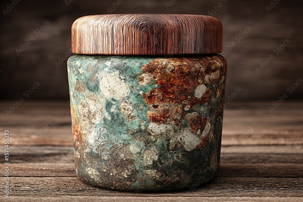 Aufkleber unique container with a weathered turquoise surface and wooden lid on a rustic wooden table in warm 