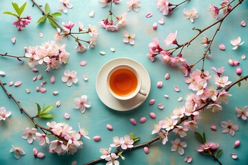 Overhead shot of tea cup surrounded by cherry blossom branches on a blue table