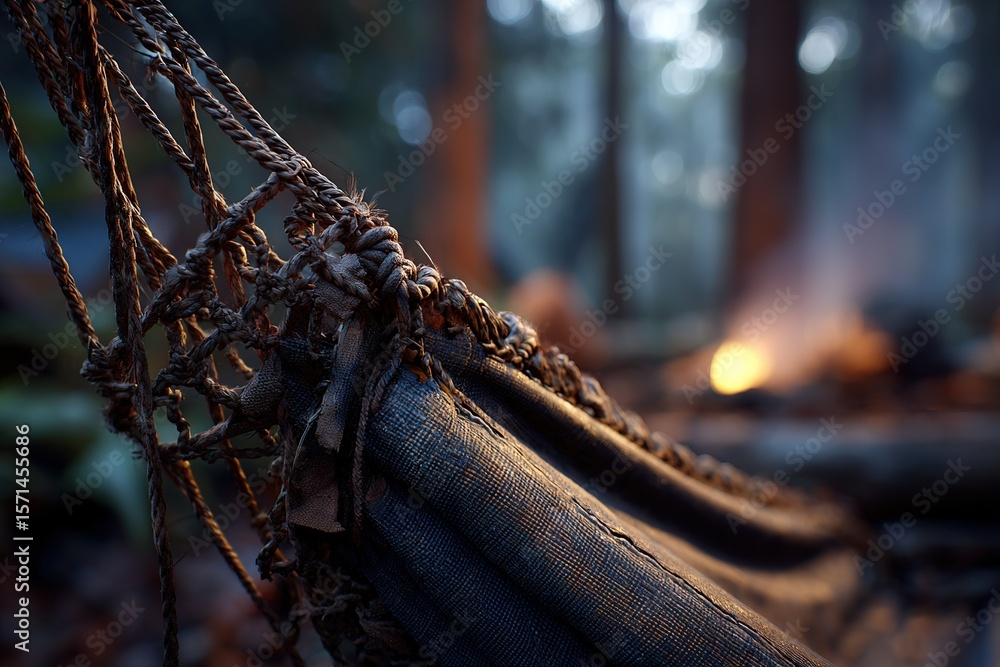 Poster hammock swaying gently near a campfire in a serene forest setting during twilight hours