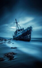Obraz premium Abandoned ship on a dark, stormy coast