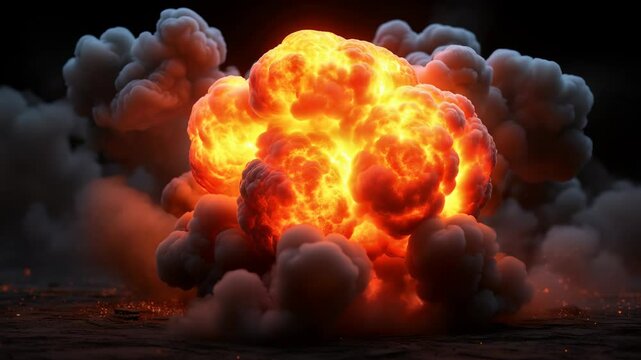 Explosion effect with fire, smoke, dynamic motion, showing power, energy against a dark background. Explosion Effect concept. 4K video clip