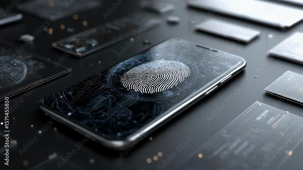 Poster modern smartphone featuring a digital fingerprint scanner on its screen, emphasizing cutting edge se