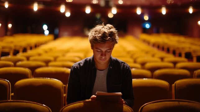 Young man reading script in empty theater during evening rehearsal in a vintage setting