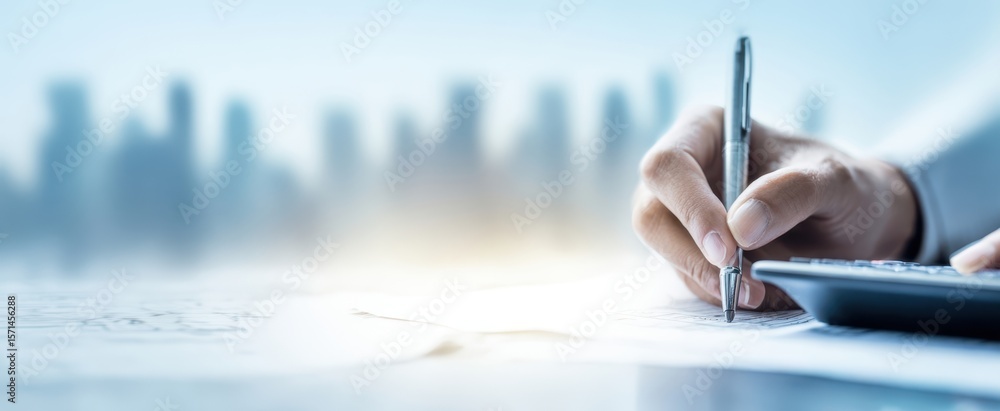 Poster the focused hand writes notes while calculating in a modern office setting.