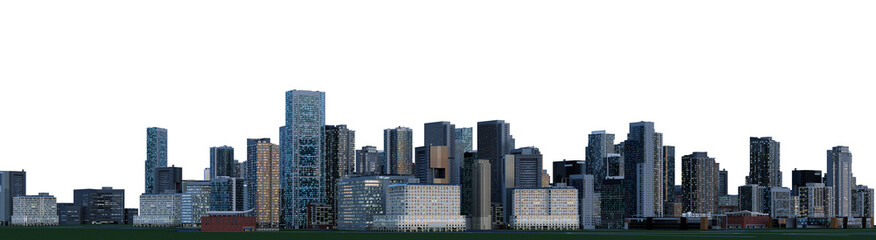 3D render of a panoramic night city view on a transparent background.

