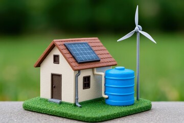 Small-scale renewables support local, sustainable energy solutions. A miniature eco-friendly house with solar panels, a water tank, and a wind turbine stands on a grassy patch