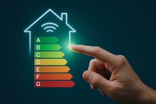 Small-scale renewables support local, sustainable energy solutions. A hand points at an energy efficiency rating chart shaped like a house