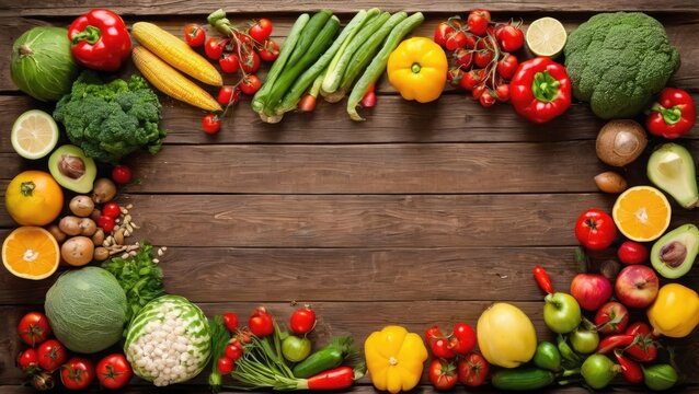 Top view of fresh vegetables, fruits, and grains on rustic wooden table with empty space in the center for text or logo. Perfect for organic food, healthy lifestyle, and farm-to-table concepts, banner