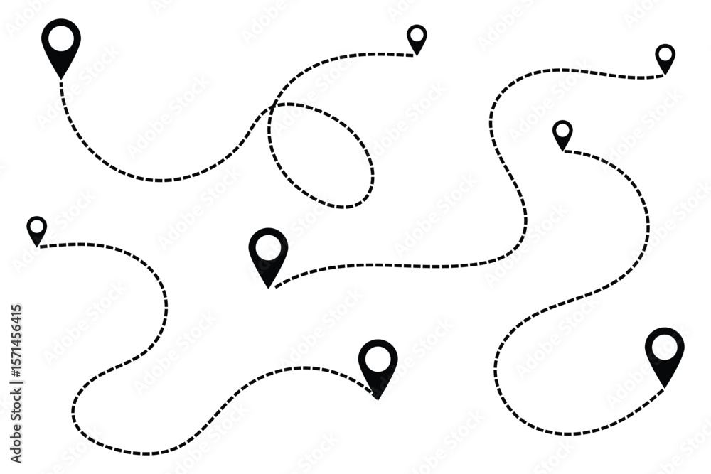 Poster route icon - two points with dotted path and location pin. route location icon two pin sign and dott