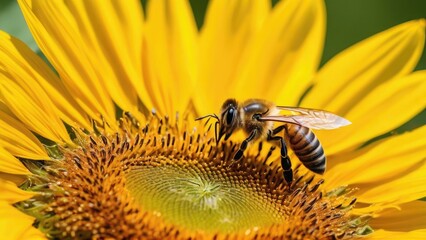 Close-up of a bee collecting nectar on a vibrant sunflower with copy space. Bright, natural, and detailed image perfect for nature, ecology, pollination, agriculture, and environmental themes, poster