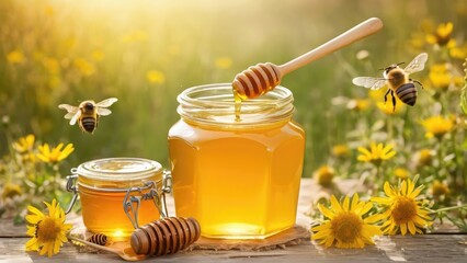 Glass jar of golden honey with wooden dipper on rustic wooden table, surrounded by wildflowers and flying bees. Natural, organic summer scene with copy space. Perfect for food, health, and eco ads.