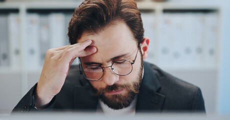 Headache, stress or tired businessman in office for deadline, project or document report. Pain,...