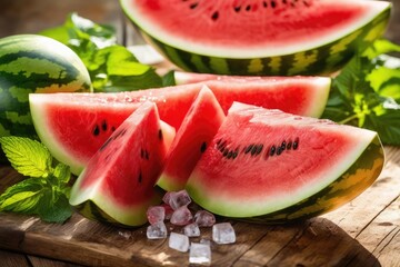 Juicy watermelon slices on rustic wooden table with fresh mint leaves and ice cubes. Vibrant summer refreshment concept with copy space. Perfect for food, health, ads, and seasonal promotions, poster