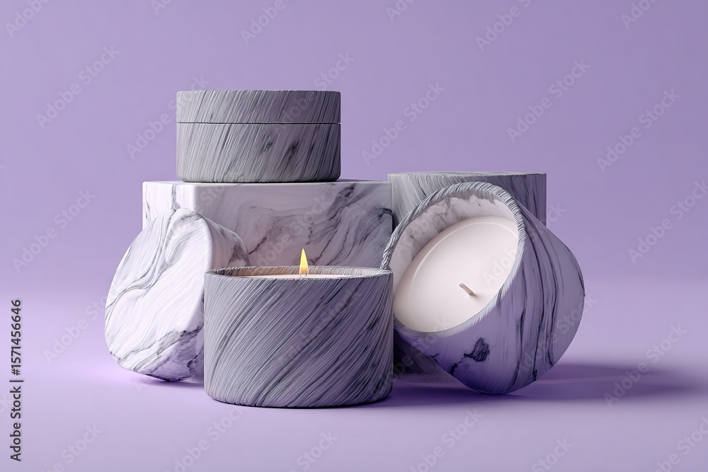 Poster decorative candles in marble containers arranged artfully on a purple background creating a calming 