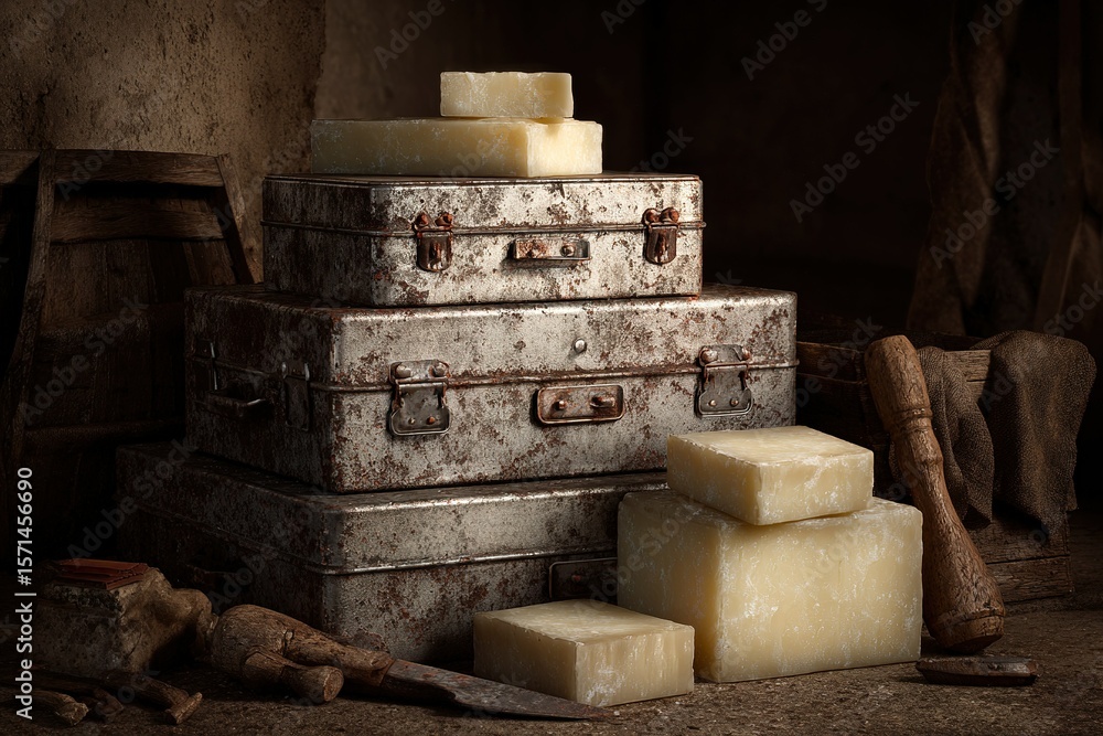 Poster vintage metal boxes and soap bars arranged on a rustic surface in a workshop setting