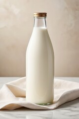 Glass bottle filled with fresh milk on a light beige linen napkin, placed on white marble table with beige marble background. Minimal dairy concept with copy space. Perfect for ads, packaging, blogs.