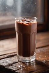 Refreshing glass of iced chocolate milk with condensation on a wooden table by a window, perfect for summer vibes and beverage promotions — ample copy space included. Poster, ads, menu, banner, cafe