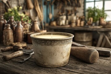 Fototapeta premium Rustic workshop interior with candle and vintage tools on wooden table