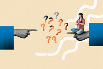 Image full pop trend collage of minded korean girl sit human hands point question mark school...