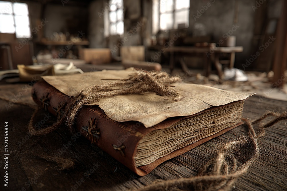 Poster old leather-bound book resting on a wooden table in a rustic workshop filled with tools and dust