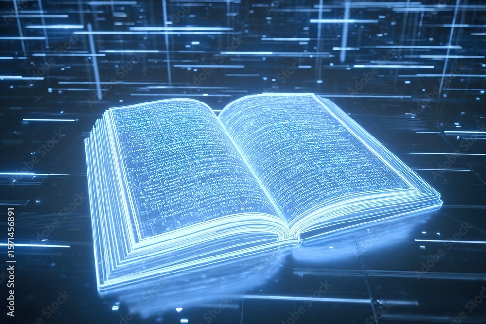 Poster open digital book surrounded by glowing data streams in a futuristic setting at night