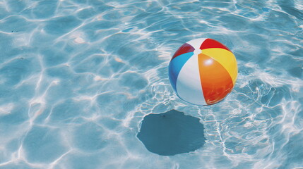 Colorful beach ball floating on clear blue swimming pool water. Summer vacation concept for holiday banner.