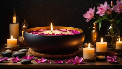 Luxury spa setting with burning candles, flower petals in bowl, massage stones, and blossoms on bamboo table in dark, moody interior with copy space – perfect for wellness, beauty, relaxation themes.