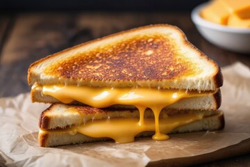 Close-up of grilled cheese sandwich with golden toasted bread and gooey melted cheddar stretching between halves, served on parchment paper over rustic wooden table — comfort food perfection, poster