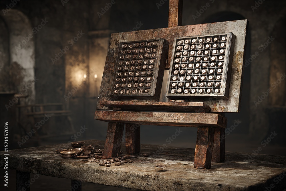Poster antique printing press with metal type blocks displayed in a rustic workshop setting