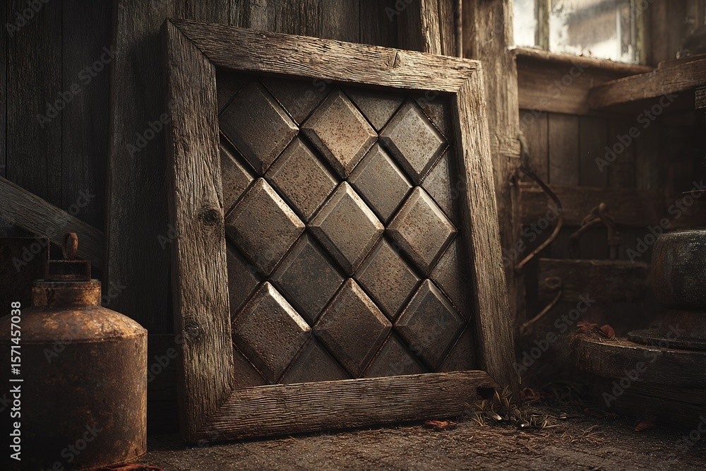 Poster rustic wooden frame with diamond pattern in a vintage workshop setting showcasing weathered textures