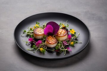 Seared scallops with beet purée, microgreens, and edible flowers on a matte black ceramic plate over graphite gray background — fine dining gourmet dish with elegant plating and copy space, packaging