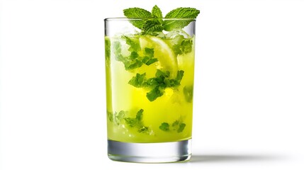 Lemon mint juice in a tumbler vivid greenish yellow drink with fresh mint full detail rendering isolated image with clean lighting and no shadows clear cut out on isolated transparent background