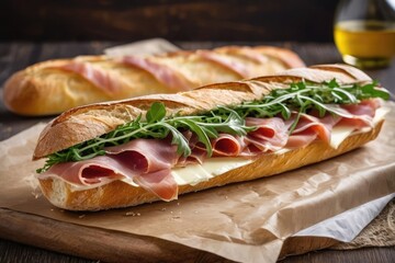 Gourmet French baguette sandwich with prosciutto, Brie cheese, and arugula, drizzled with olive oil, served on parchment paper with crumbs on rustic wooden board – ideal for food styling, cafe menu