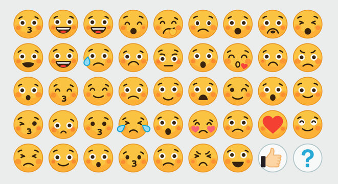 A grid of yellow emojis displaying various facial expressions and symbols world emoji day - Powered by Adobe